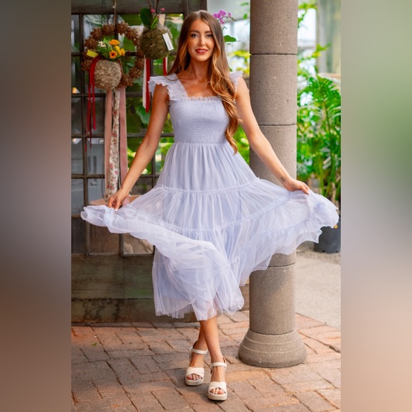 NWT Listicle Smocked Ruffle Tiered Mesh Midi Maxi Dress Size Large Retail $74 - Picture 9 of 16